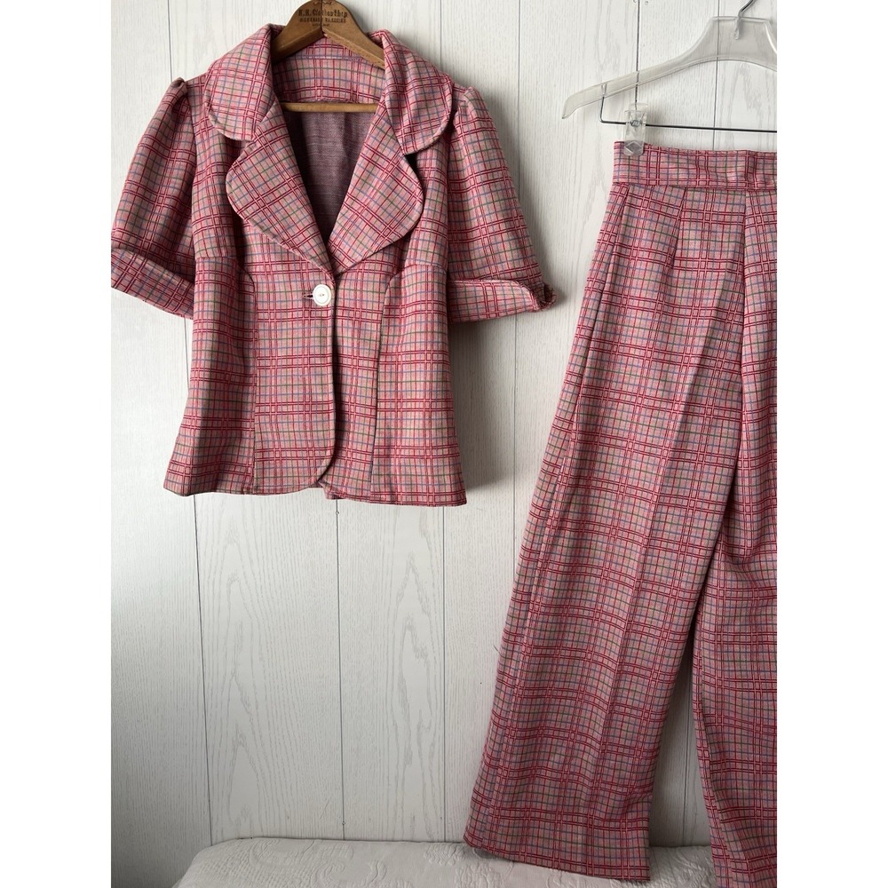 Vintage 70's Pant Suit Jacket Set Poly Knit Pink Plaid Woven Womens Size Small